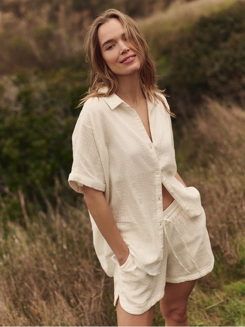 Nwt pact apparel Organic Coastal Double Gauze button down Cream xs $98 - Picture 5 of 11